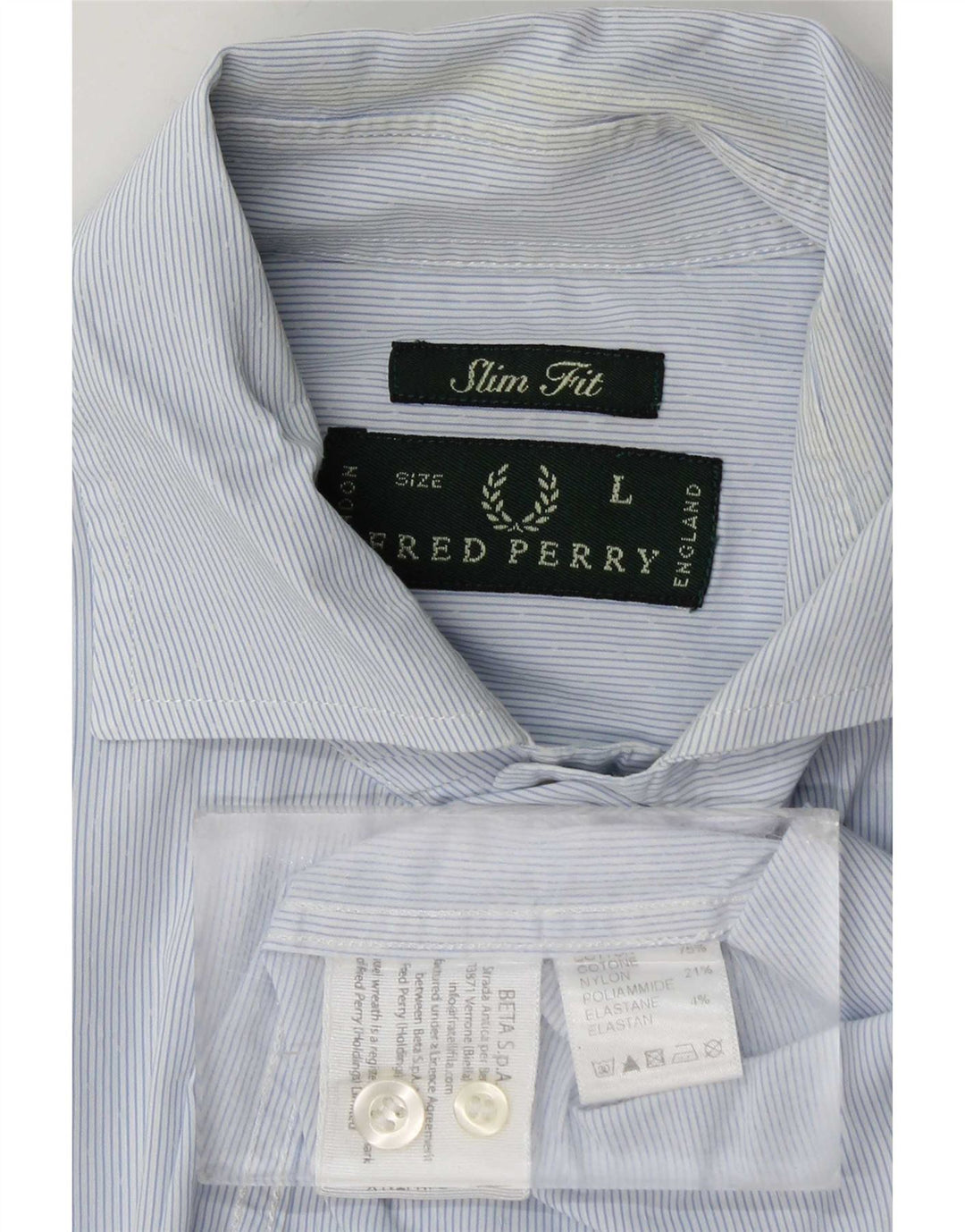 Fred Perry Herren-Slim-Fit-Hemd, groß, blaue Nadelstreifen-Baumwolle