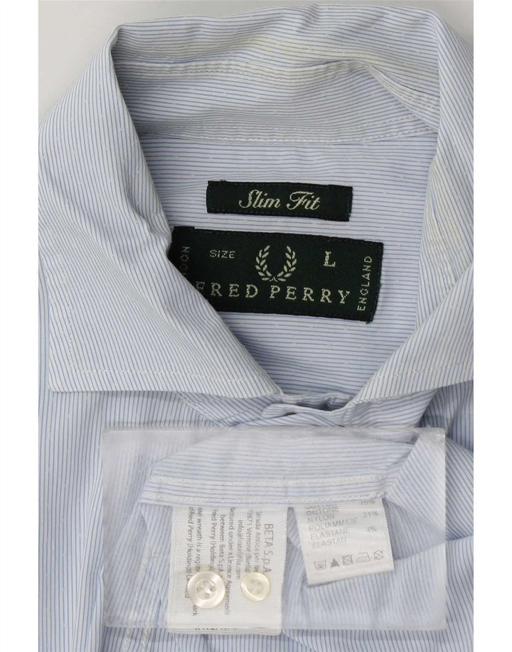 Fred Perry Herren-Slim-Fit-Hemd, groß, blaue Nadelstreifen-Baumwolle
