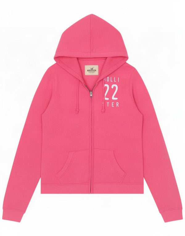 Hollister Womens Graphic Zip Hoodie Sweater UK 16 Large Pink Cotton