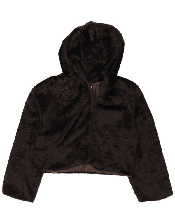 Vintage Damen Bolero-Jacke aus Kunstfell mit entspannter Passform und Kapuze, UK 14, Größe L, Schwarz