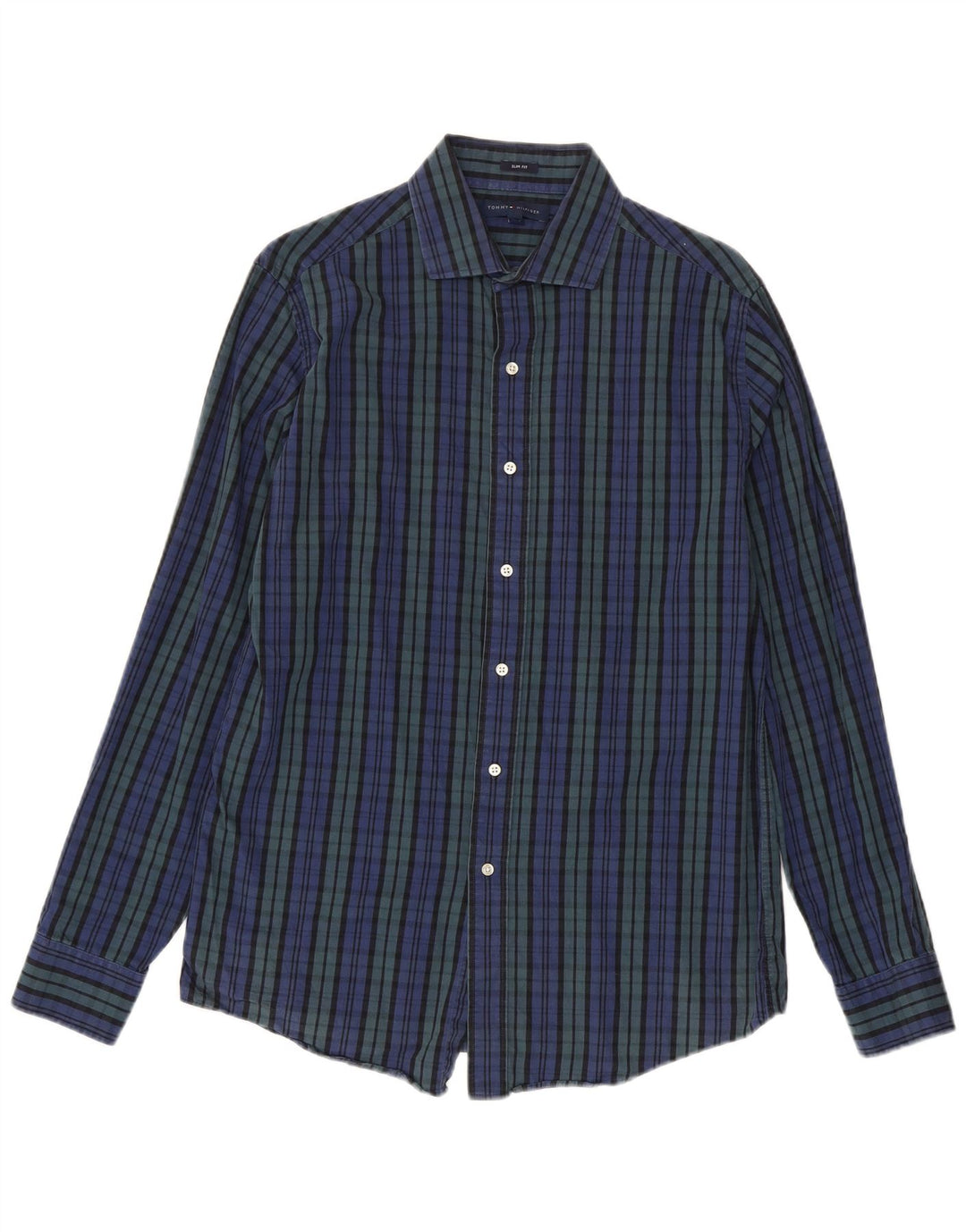 Tommy Hilfiger Herren-Slim-Fit-Hemd, Größe 15 1/2, mittelblau karierte Baumwolle