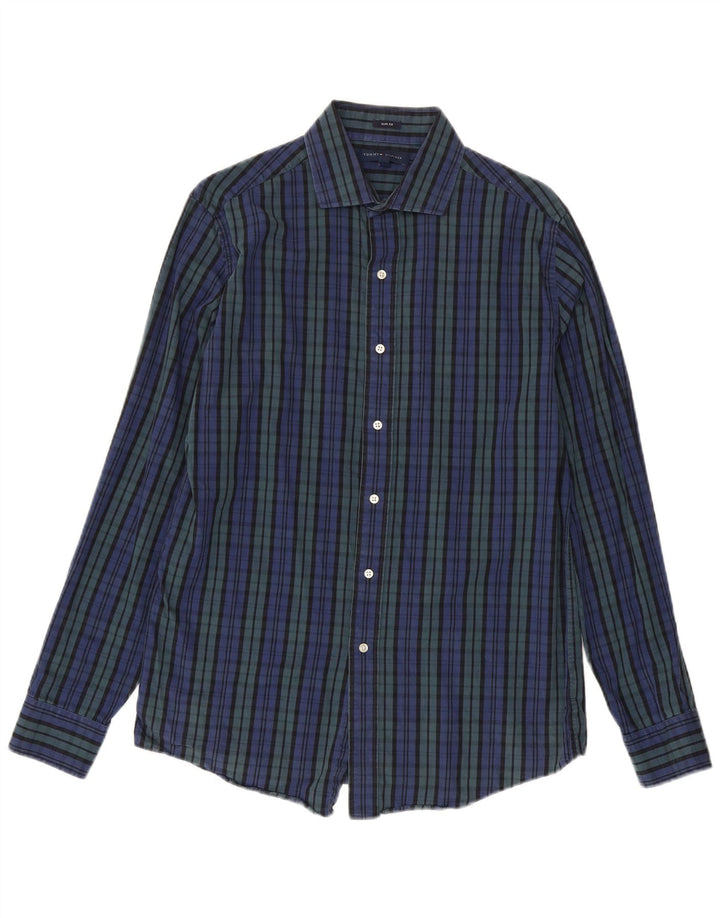 Tommy Hilfiger Herren-Slim-Fit-Hemd, Größe 15 1/2, mittelblau karierte Baumwolle