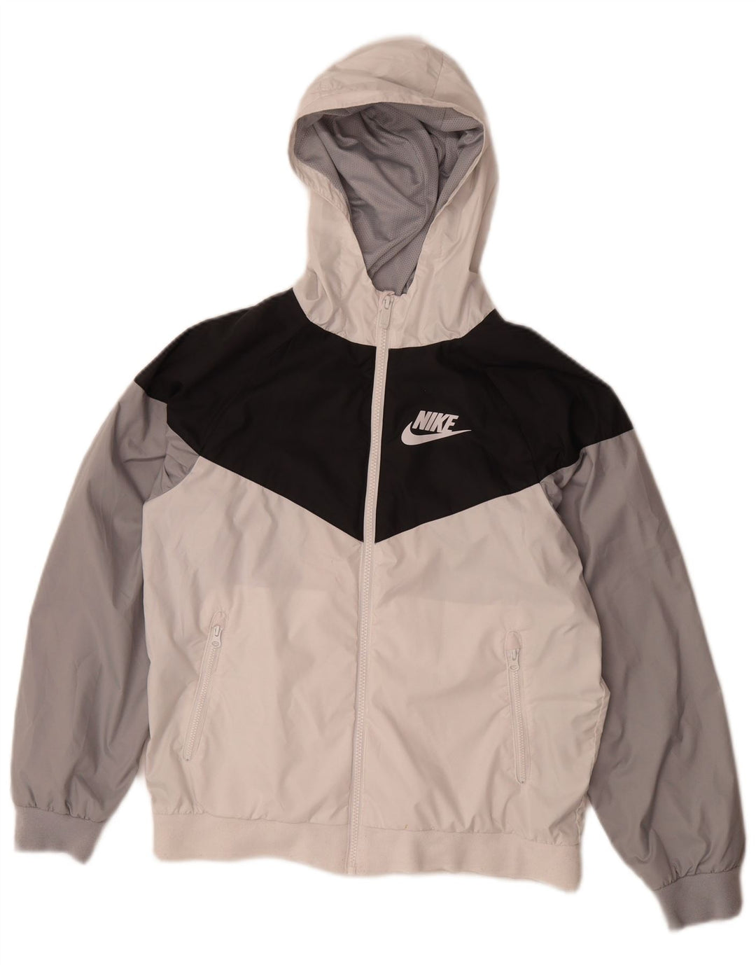 Nike Jungen-Regenjacke mit Kapuze, 12–13 Jahre, groß, weißes Farbblock-Polyester
