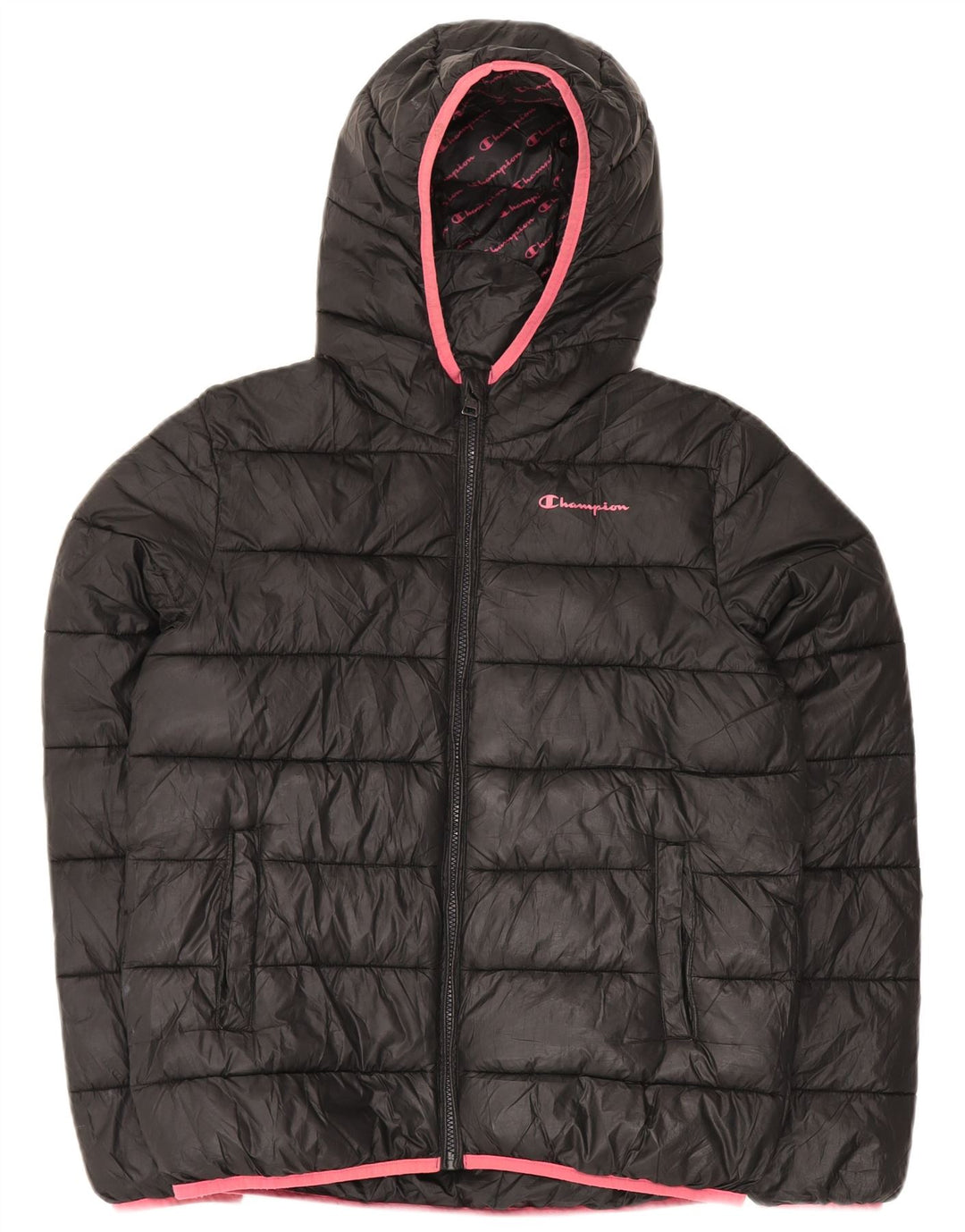 Champion Wattierte Jacke mit Kapuze für Mädchen, 13–14 Jahre, XL, Schwarz, Polyester