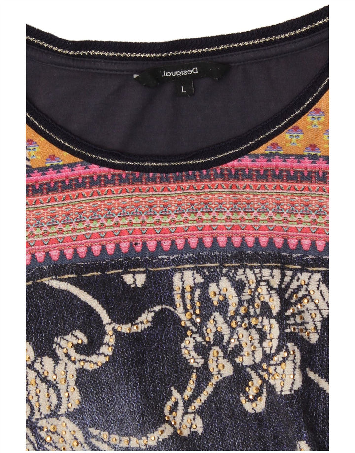 DESIGUAL Damen-Grafikoberteil mit 3/4-Ärmeln, UK-Größe 14, Größe L, grau geblümt