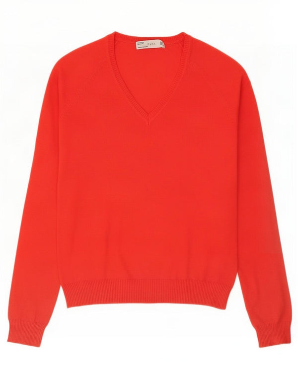 Zara Damen-Pullover mit V-Ausschnitt, UK 14, Größe L, rote Baumwolle