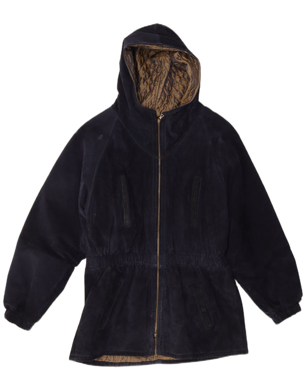 Michael Boris Damen-Windbreaker-Mantel aus Wildleder mit Kapuze, Größe 46, Marineblau