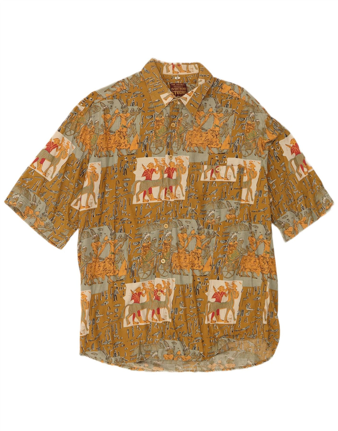 Vintage Herren Grafik Kurzarmshirt Große Khaki Patchwork Viskose