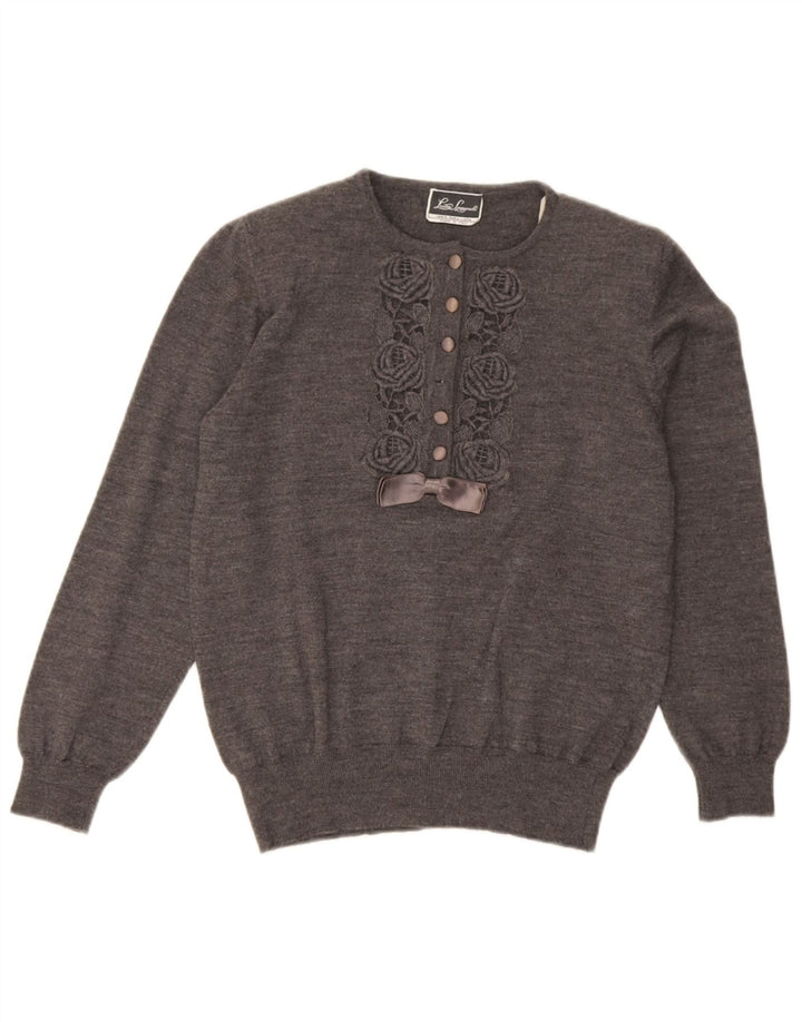 Luisa Spagnoli Damen-Pullover mit Knopfkragen, Gr. 14, Mittelgrau mit Blumenmuster