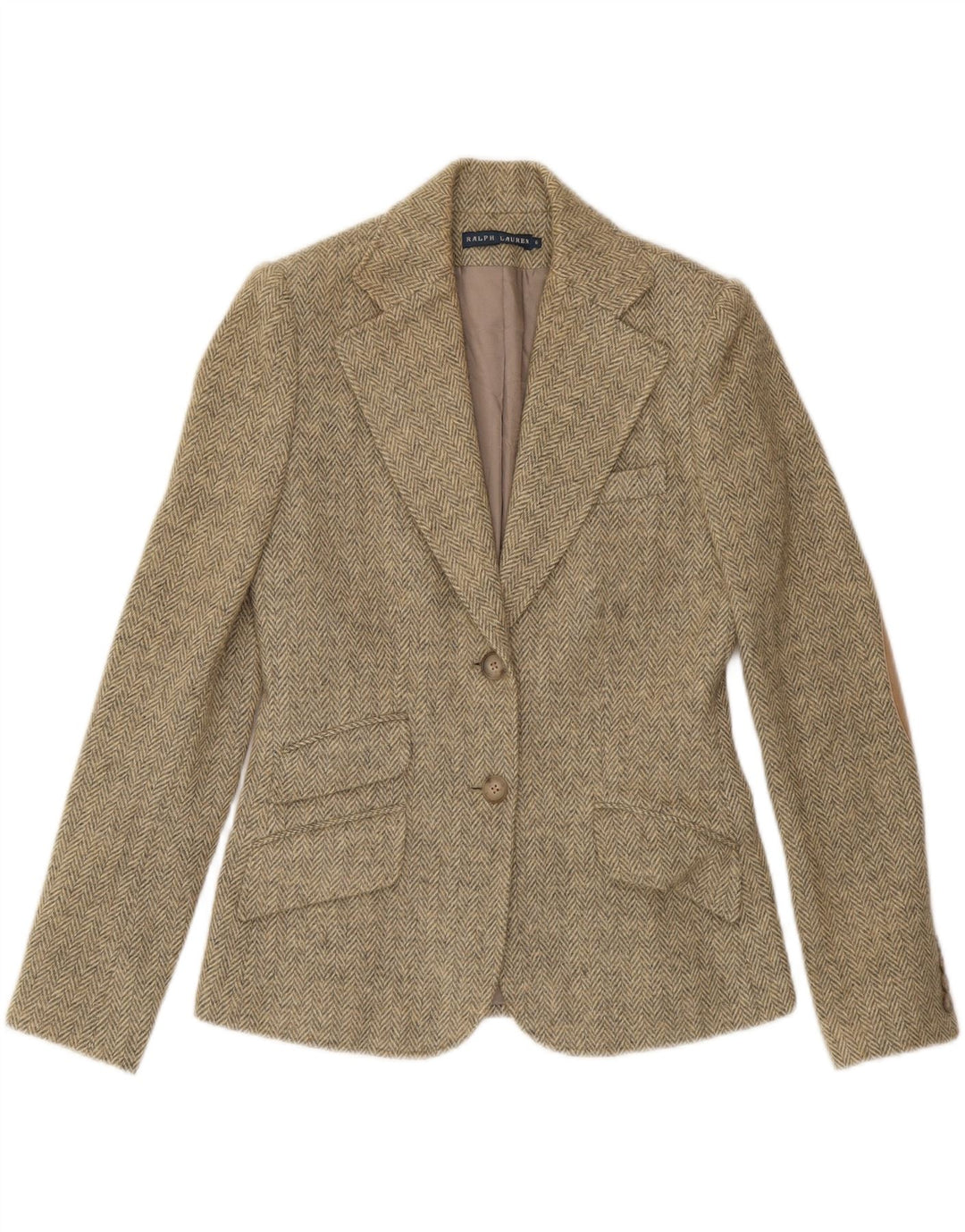 RALPH LAUREN Damen-Blazer mit 2 Knöpfen, US 6, mittelbeige, Fischgrätenmuster