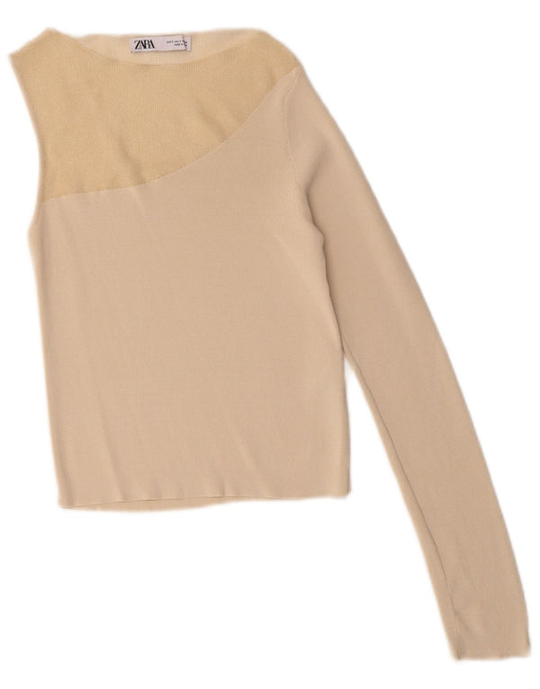 Zara Damen Crop One Shoulder Top UK 8 Small Beige Colourblock Nylon