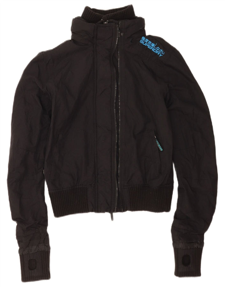 Superdry Damen-Bomberjacke mit Grafik, UK 10, Größe S, schwarzes Nylon