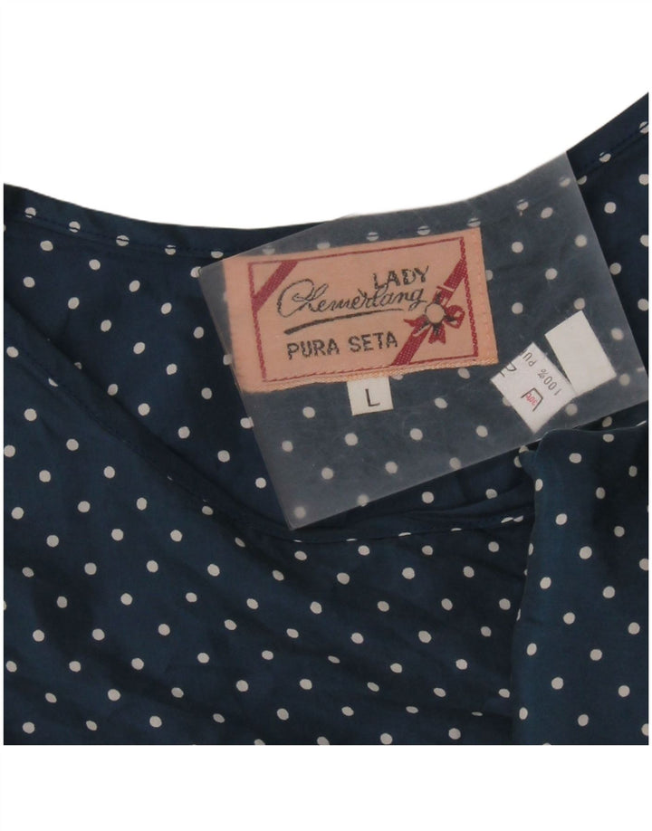 VINTAGE Damen Crop Ärmelloses Blusentop UK 14 Großes Marineblau gepunktet