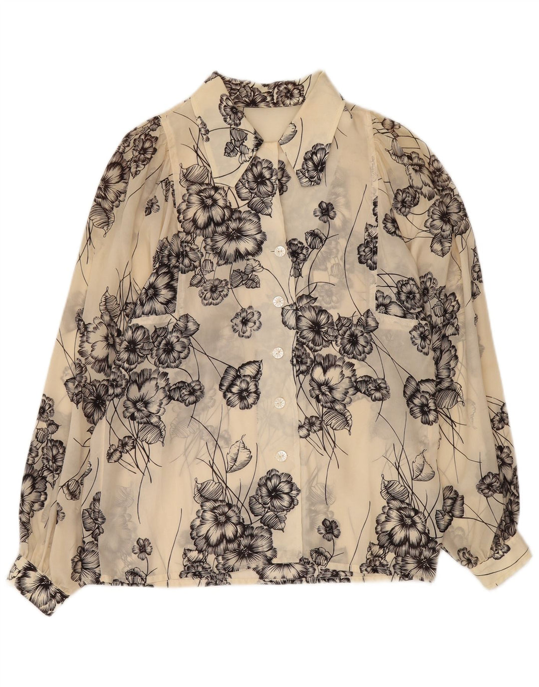 VINTAGE Damen Durchsichtige Hemdbluse UK 12 Medium Off White Floral