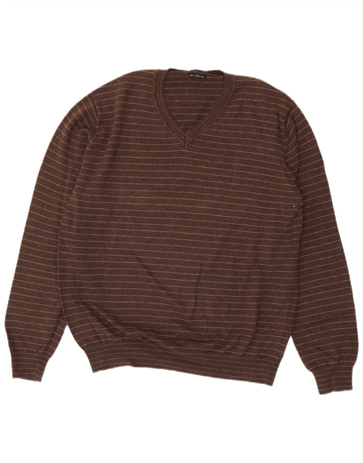 Massimo Dutti Herren-Pullover mit V-Ausschnitt, XL, braun gestreift