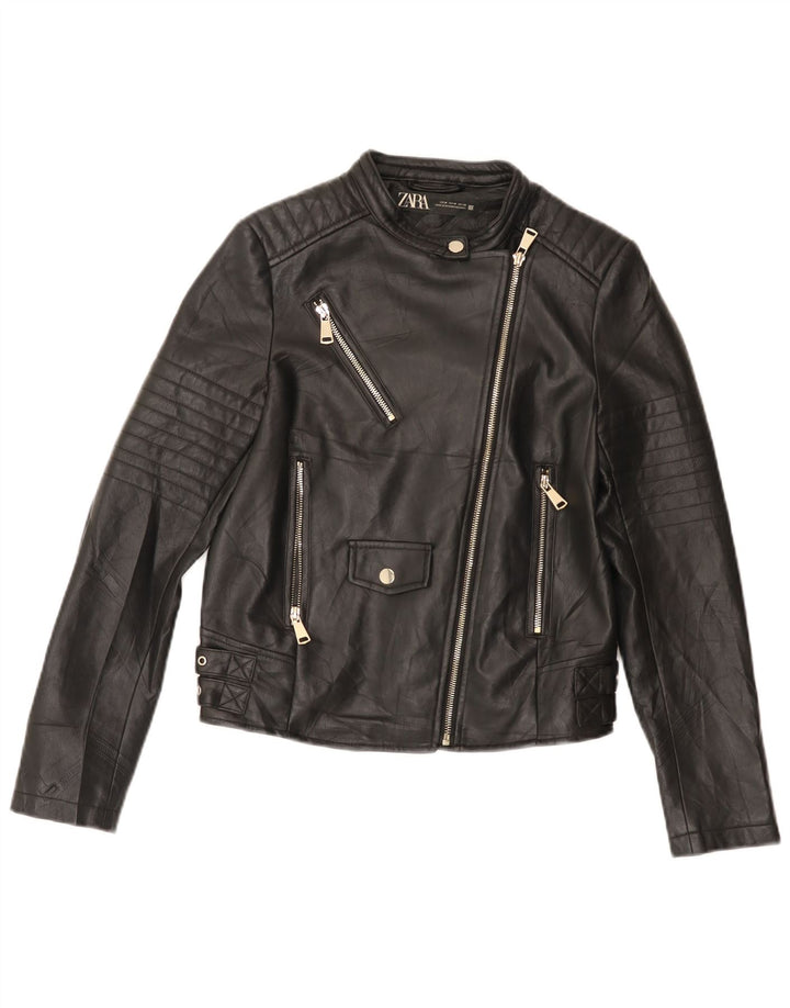 Zara Damen Crop Kunstleder Bikerjacke UK 12 Medium Schwarz Polyethylen
