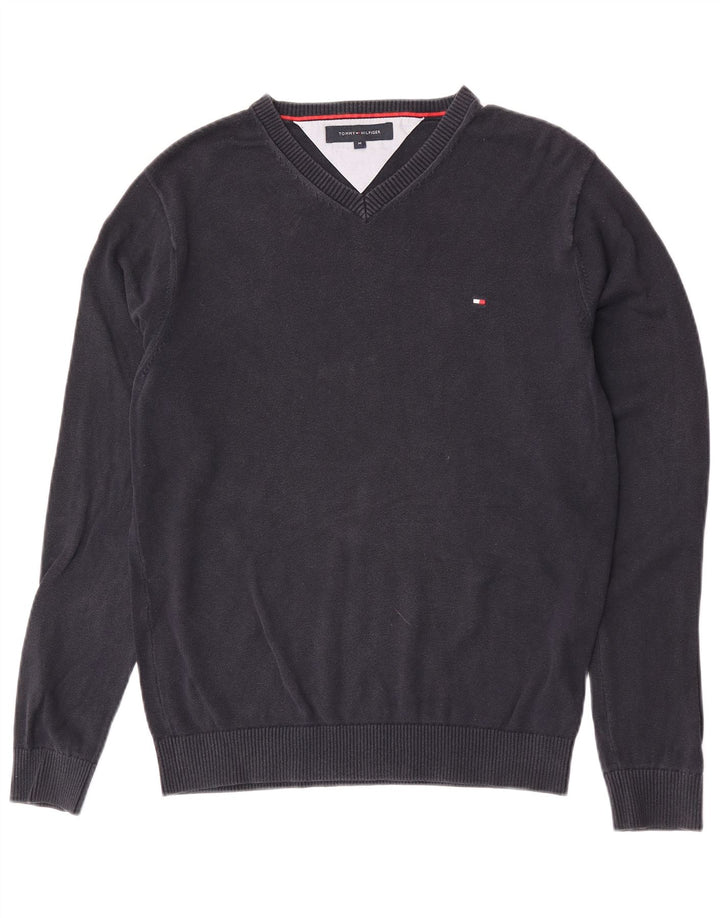 Tommy Hilfiger Herren-Pullover mit V-Ausschnitt, mittelmarineblaue Baumwolle
