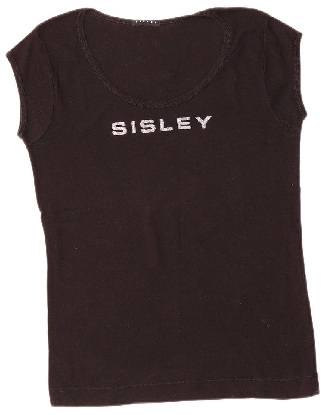 SISLEY Damen Grafik-T-Shirt-Oberteil UK 14 Große schwarze Baumwolle