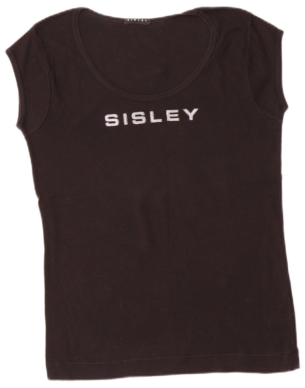 SISLEY Damen Grafik-T-Shirt-Oberteil UK 14 Große schwarze Baumwolle