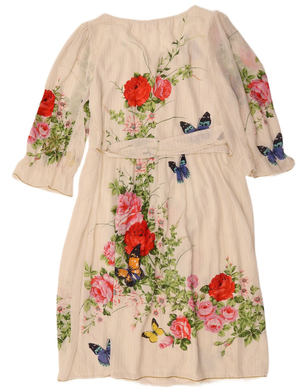 SORA Damen-Maxikleid mit 3/4-Ärmeln, Größe 44, groß, weißer Blumen-Schmetterling