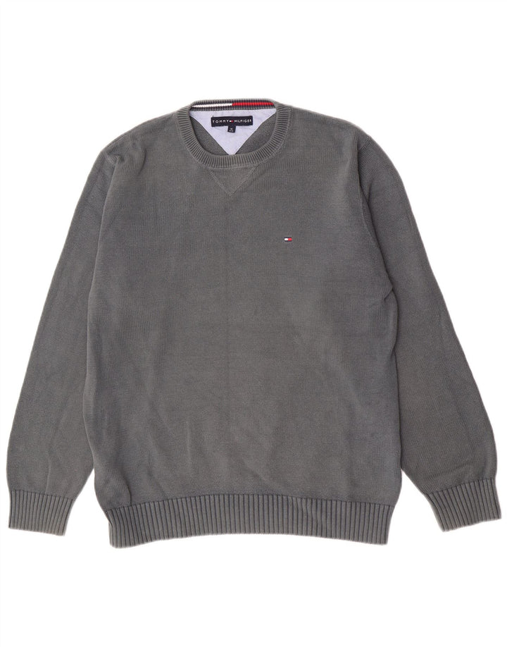 Tommy Hilfiger Herren-Pullover mit Rundhalsausschnitt, reguläre Passform, mittelgraue Baumwolle