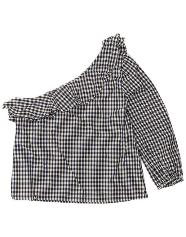 J. CREW One-Shoulder-Oberteil für Damen, US 8, mittlere marineblaue Gingham-Baumwolle