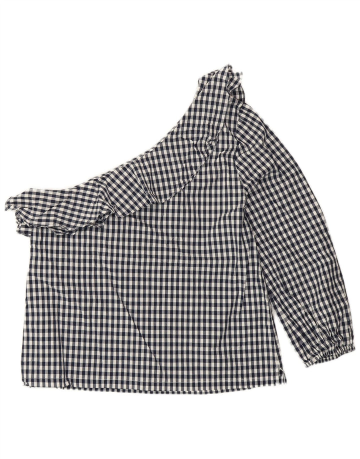 J. CREW One-Shoulder-Oberteil für Damen, US 8, mittlere marineblaue Gingham-Baumwolle