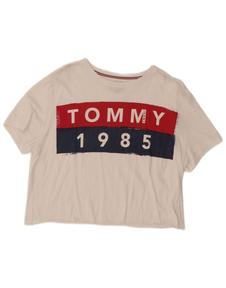 TOMMY HILFIGER Damen Crop Graphic T-Shirt Top UK 16 Large Weiß