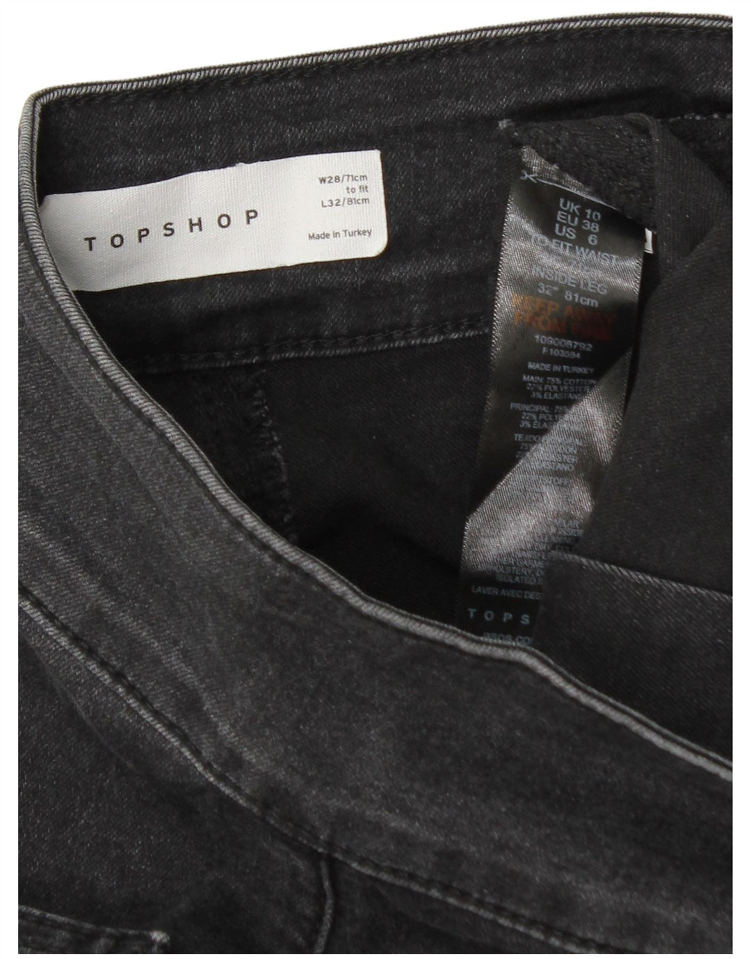 Topshop Schlagjeans für Damen, W28, L32, graue Baumwolle