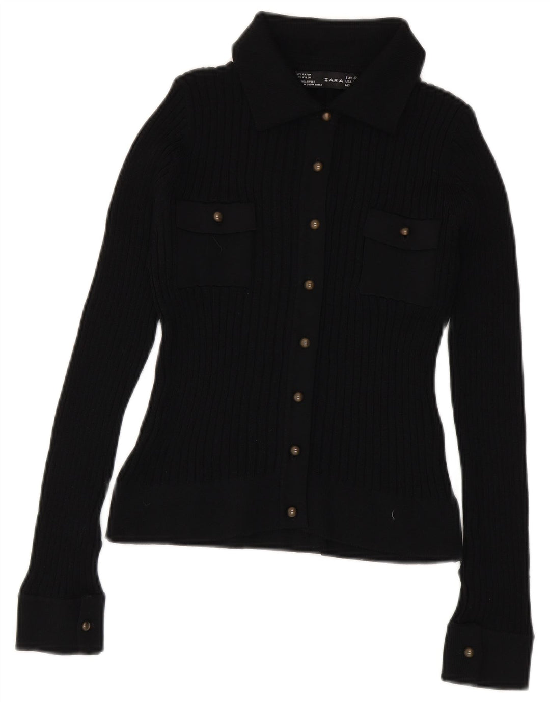 Zara Damen Crop Knit Hemdbluse UK 12 Medium Black Rayon