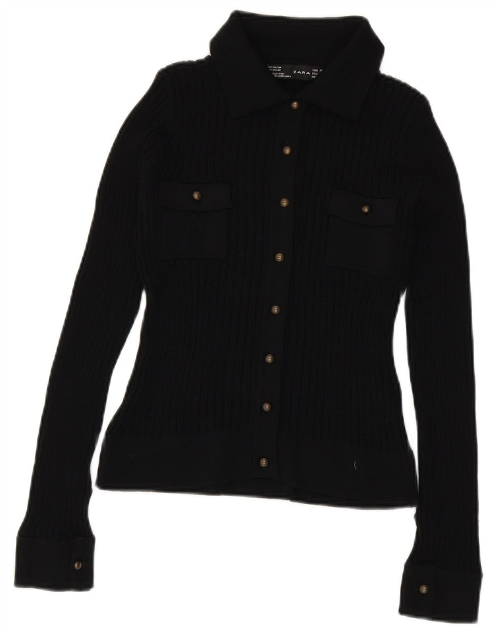 Zara Damen Crop Knit Hemdbluse UK 12 Medium Black Rayon