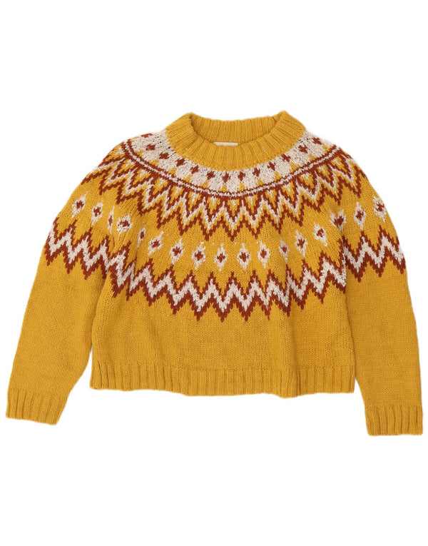 Topshop Womens Crop Crew Neck Pullover Pullover UK 14 Large Yellow Fair Isle