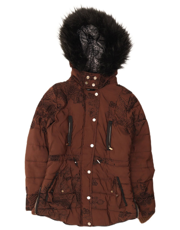 Desigual Damen-Kapuzen-Übergröße, wattierte Jacke, EU 36, kleines braunes Blumenmuster