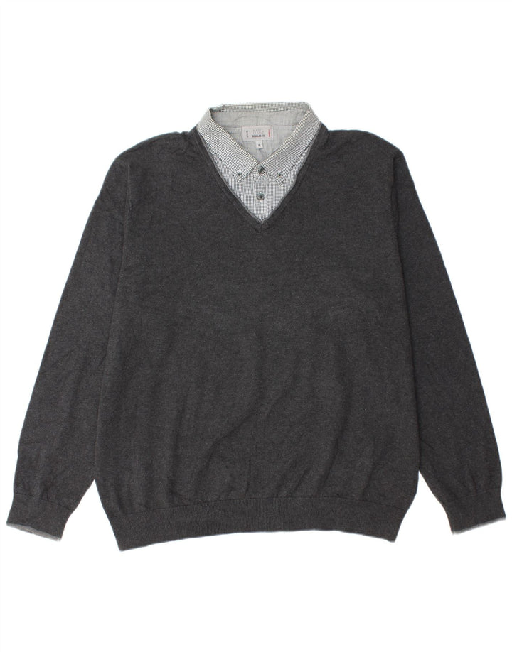 Marks & Spencer Herren-Pullover mit V-Ausschnitt, XL, graue Baumwolle