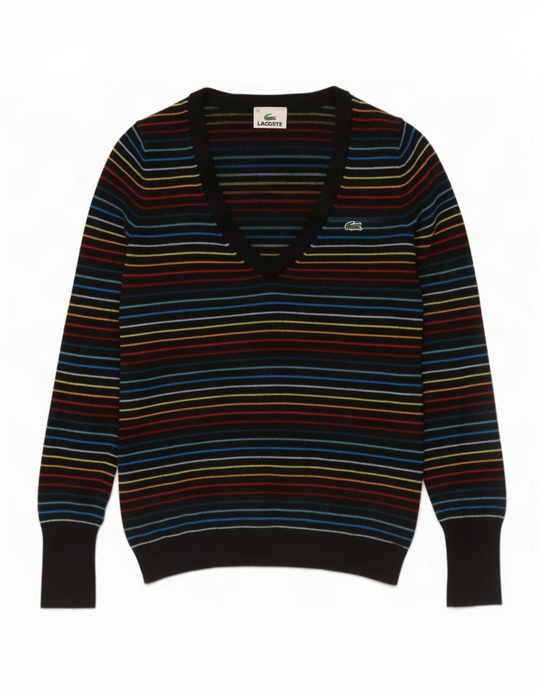 Lacoste Damen-Pullover mit V-Ausschnitt, Größe 38, mittelgroß, mehrfarbig gestreift