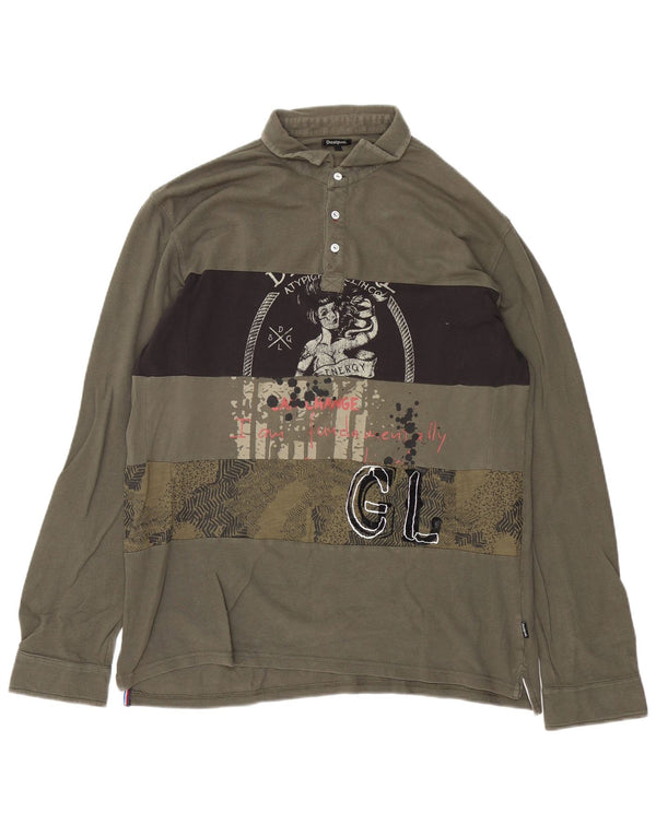 Desigual Herren Grafik Langarm Rugby Poloshirt XL Khaki Baumwolle
