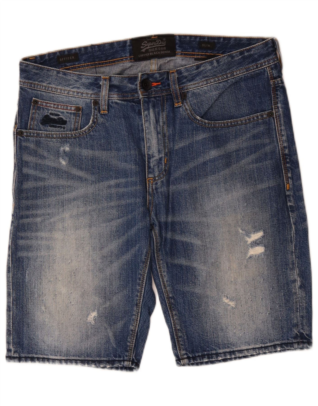 SUPERDRY Herren Officer Distressed Slim Denim Shorts W32 Mittelblaue Baumwolle