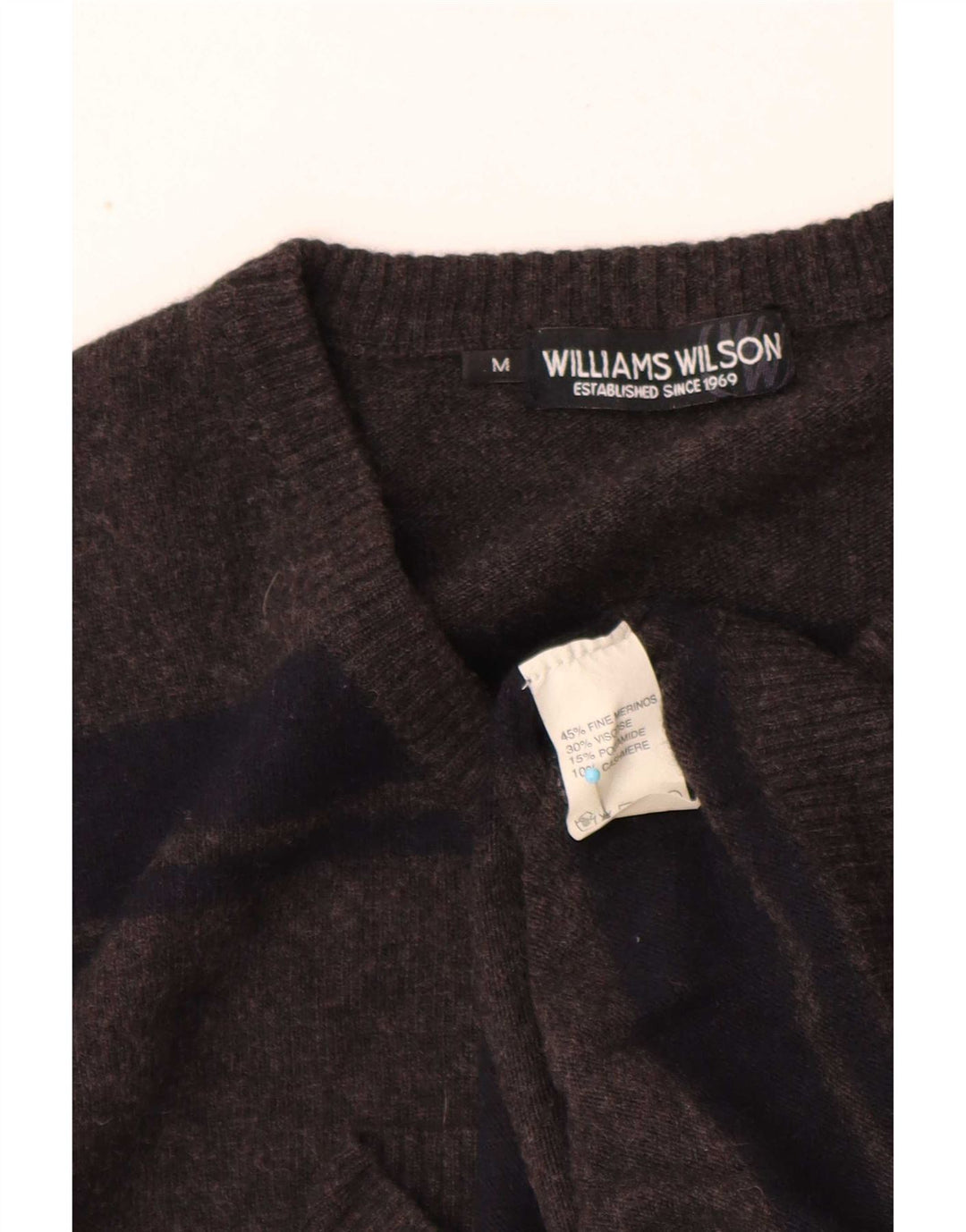 Williams Wilson Herren-Pullover mit V-Ausschnitt aus mittelgrauer, gestreifter Merinowolle
