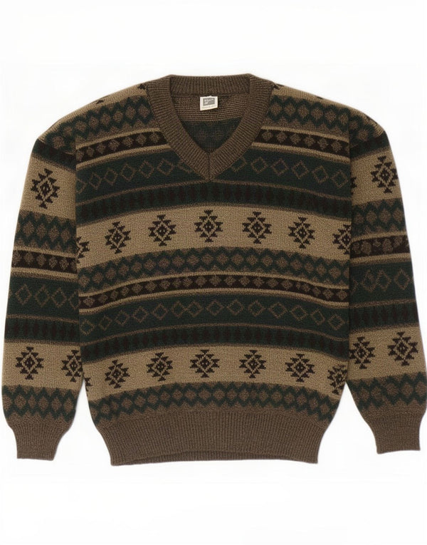 Vintage Mens V-Neck Jumper Sweater Large Khaki Fair Isle Acrylic