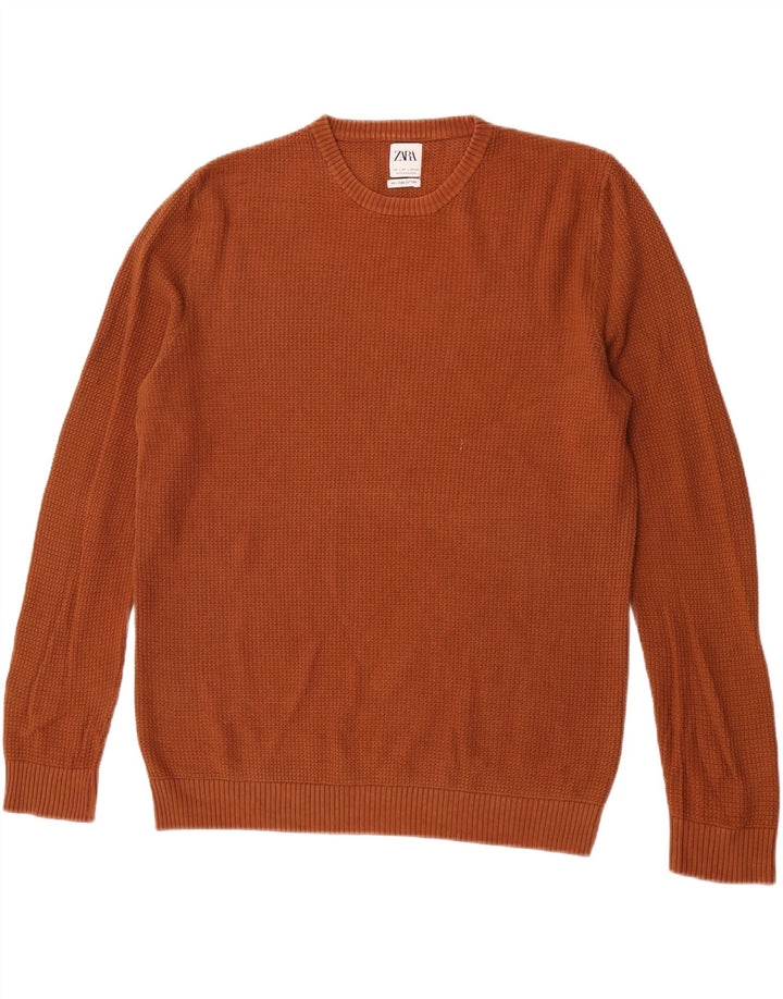 Zara Herren-Pullover mit Rundhalsausschnitt, groß, braune Baumwolle