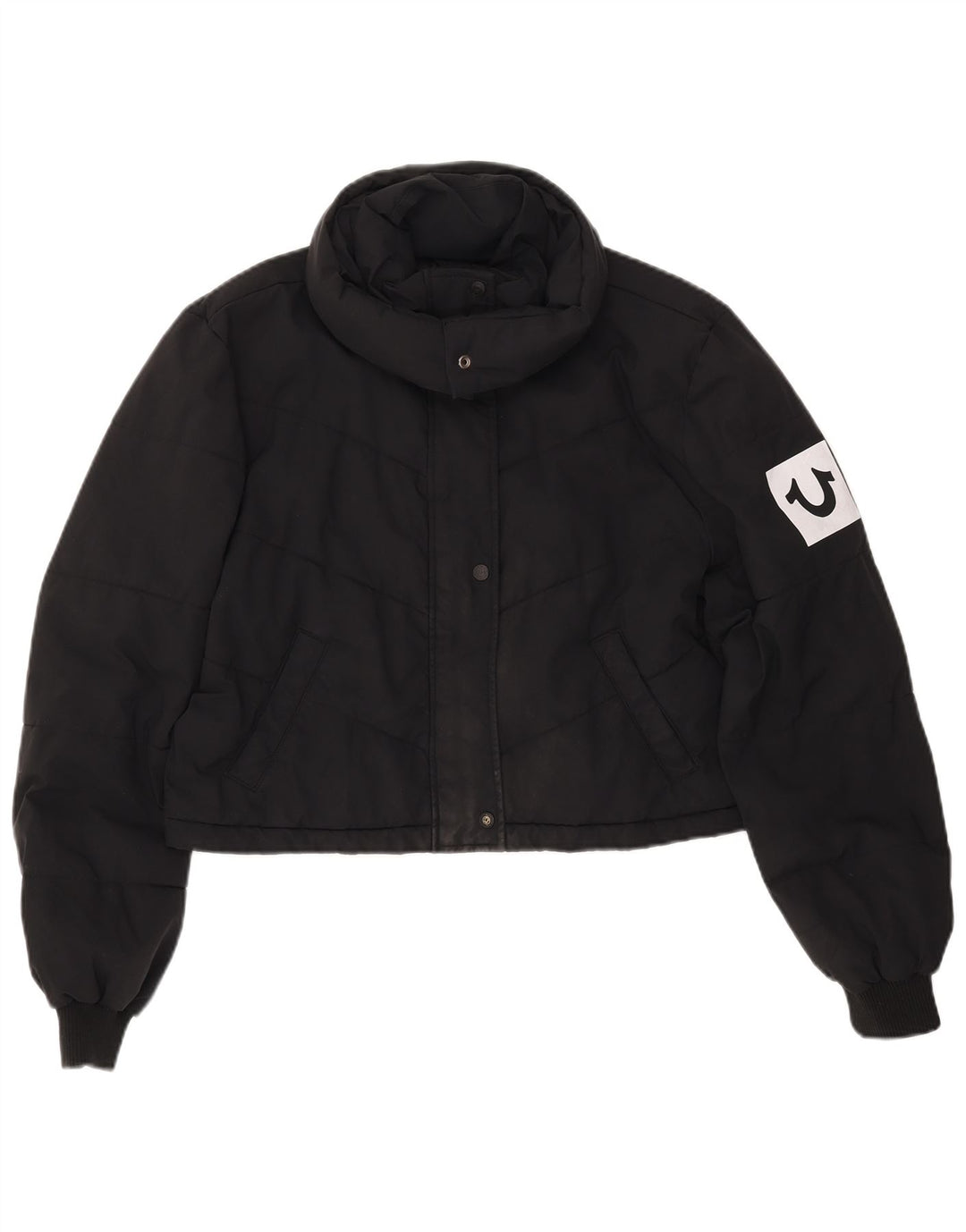 TRUE RELIGION Damen Crop Wattierte Jacke UK 16 Large Schwarz Polyester