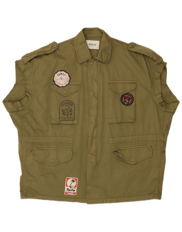 Replay Herren Military Loose Fit Utility Gilet UK 36 Small Khaki Baumwolle