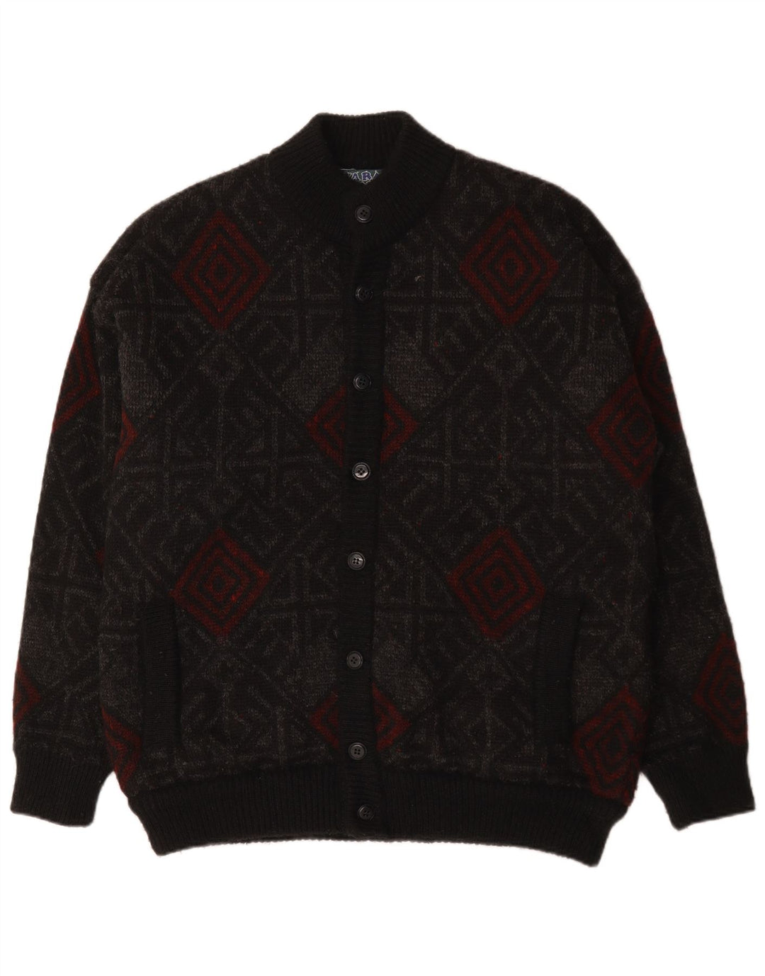 VINTAGE Herren Cardigan Pullover XL Schwarze geometrische Wolle