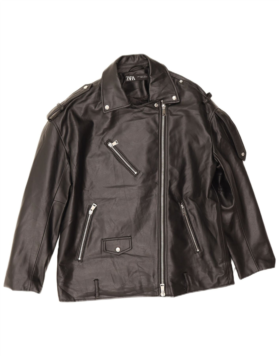 Übergroße Herren-Bikerjacke aus Kunstleder von Zara, UK 14, Mittelschwarzes Polyester