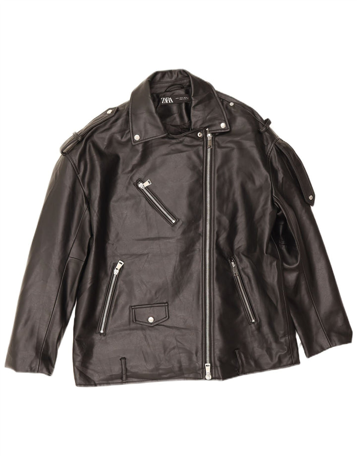 Übergroße Herren-Bikerjacke aus Kunstleder von Zara, UK 14, Mittelschwarzes Polyester