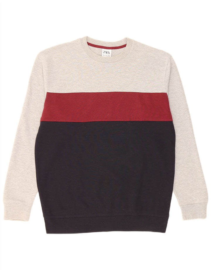 Zara Herren-Sweatshirt-Pullover, große graue Colourblock-Baumwolle
