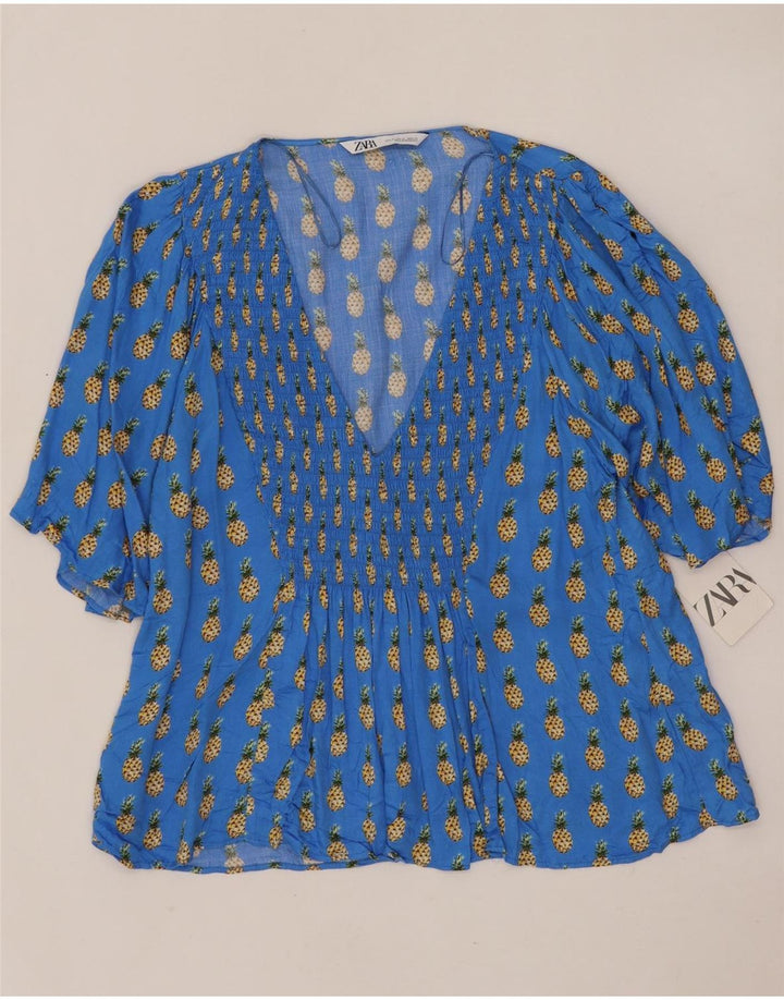Zara Damen-Blusenoberteil mit abstraktem Muster und 3/4-Ärmeln, UK 18, XL, blaue Viskose