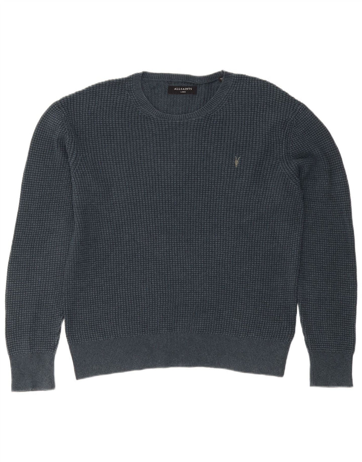 All Saints Herren-Pullover mit Rundhalsausschnitt, groß, marineblaue Baumwolle