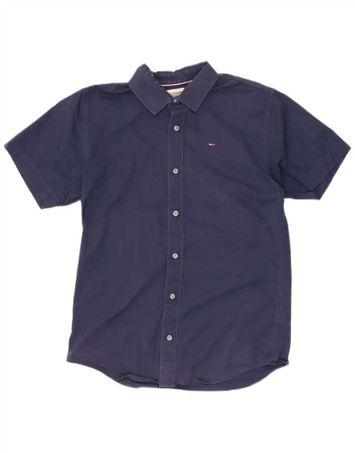 Tommy Hilfiger Herren-Kurzarmhemd, mittelmarineblaue Baumwolle