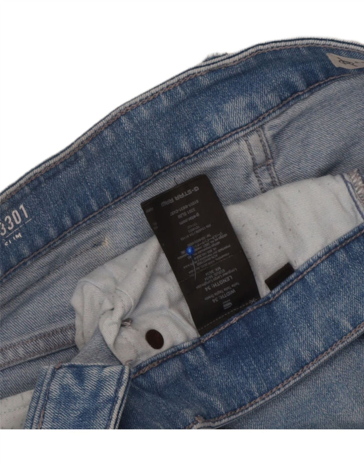 G-Star Herren 3301 Distressed Slim Jeans W34 L34 Blaue Baumwolle
